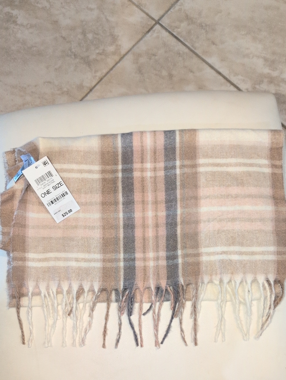 Soft Plaid Fringe Scarf in Blush and Taupe - One Size - Style & Co